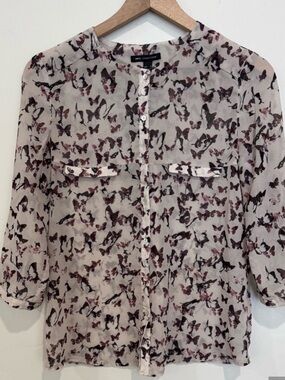 MNG Collection- Cream Blouse with Black and Mauve Butterfly Print